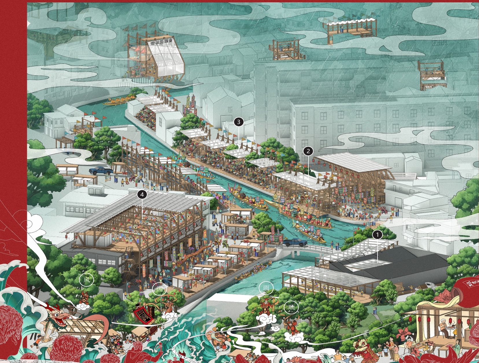 An urban design proposal around a canal with dragon boat festival venues and timber grandstands