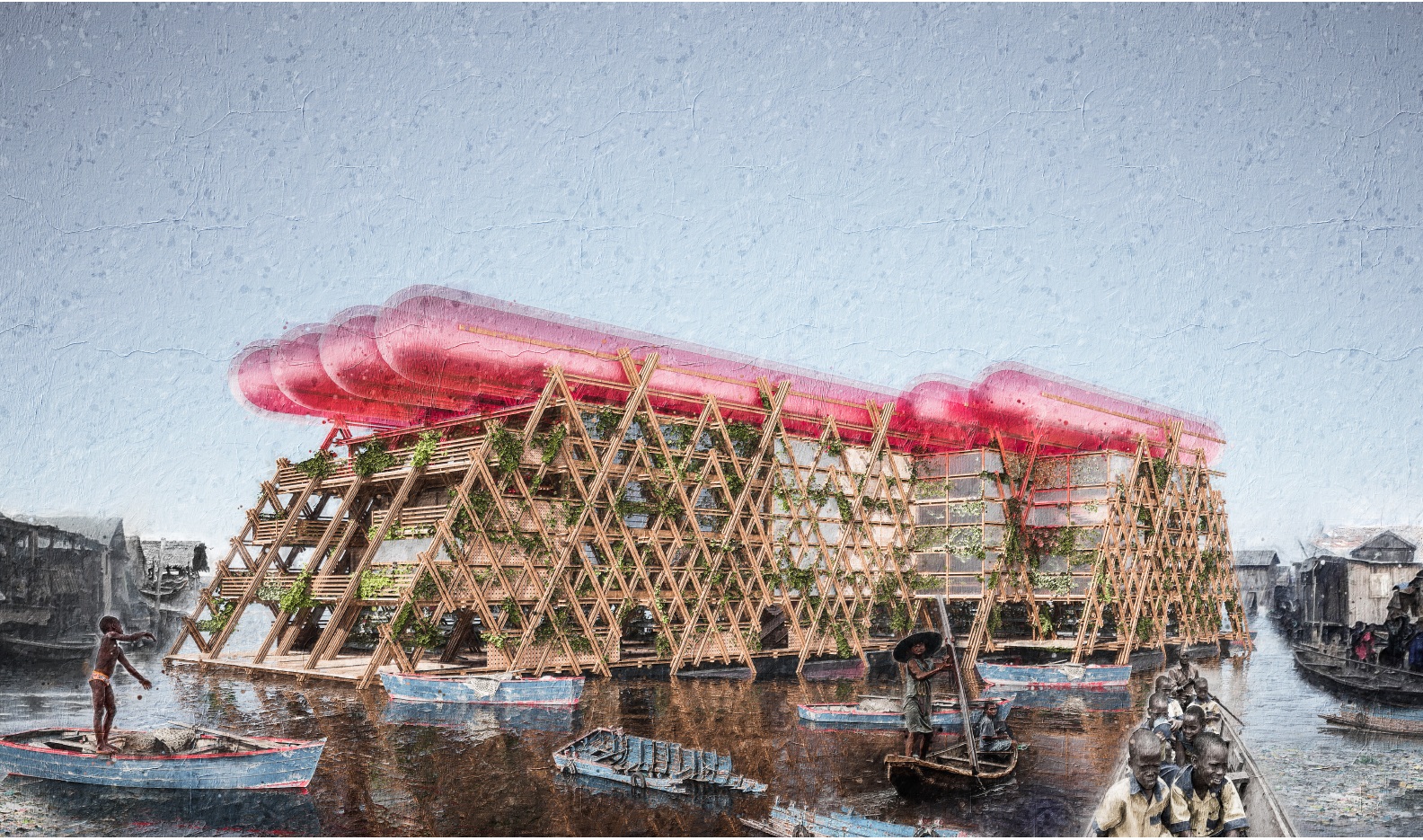 The floating school with its bamboo frame and red inflatable roof on the water in Makoko
