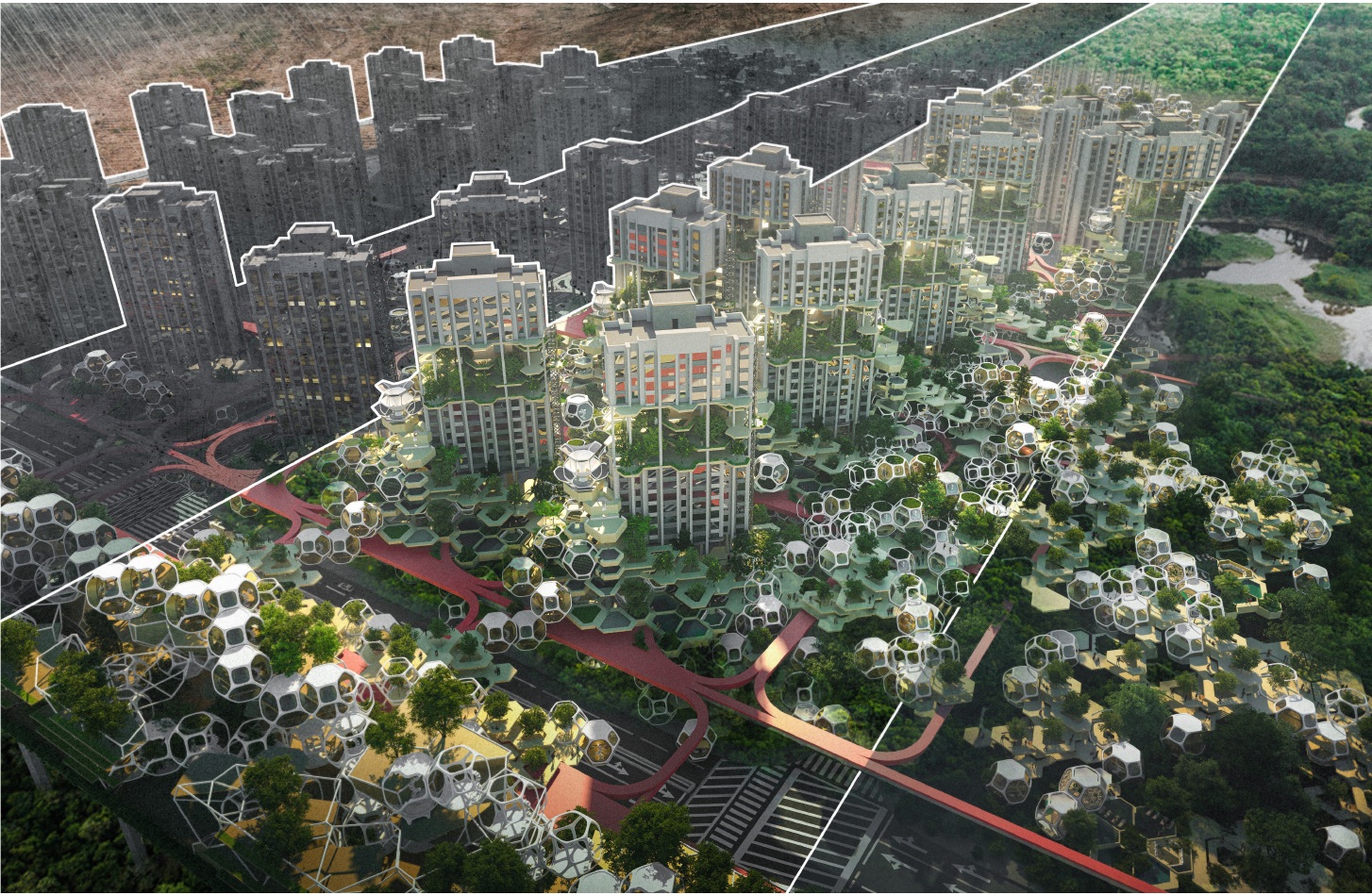 A city landscape with existing towers, planted terraces and networks of polyhedral urban cells