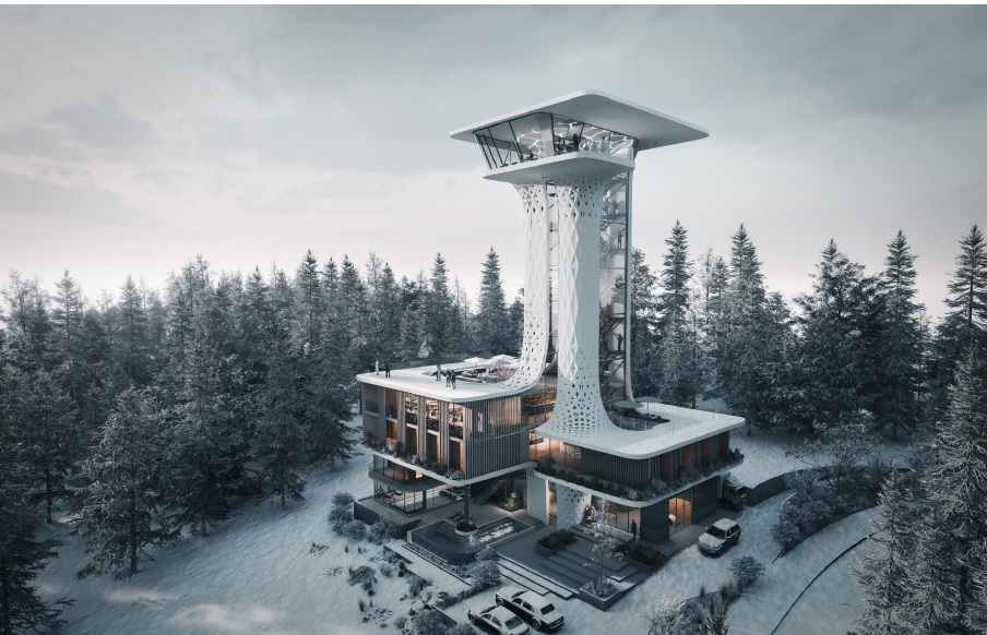 The observation tower and mountain shelter set in a snowy forest in Poland
